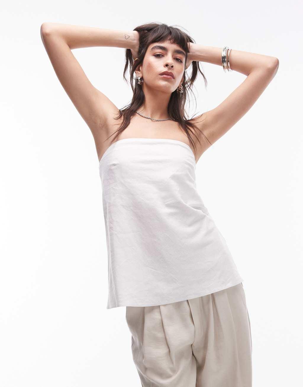 Topshop linen look longline bandeau top in white Product Image