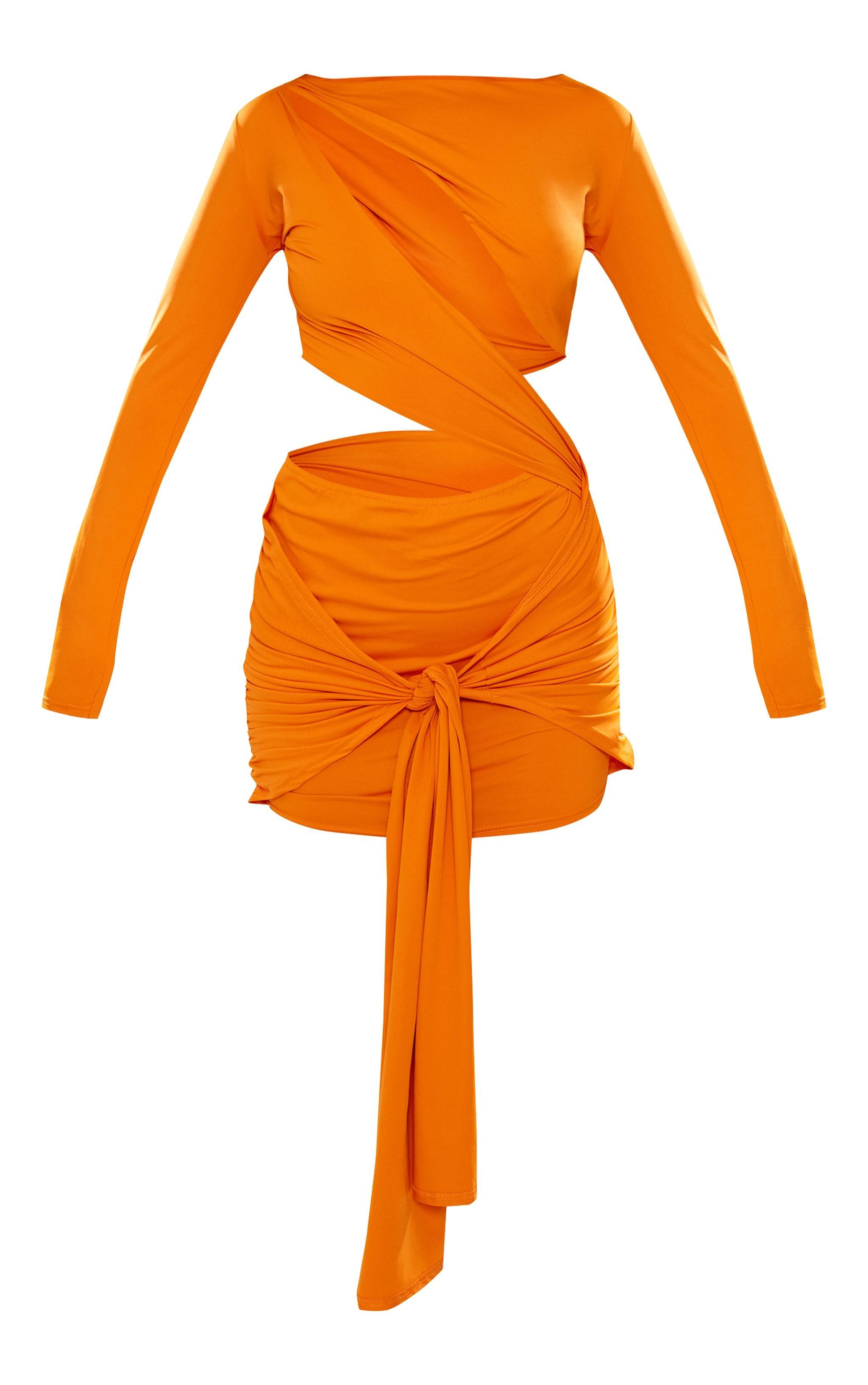 Bright Orange Slinky Cut Out Long Sleeve Knot Bodycon Dress Product Image