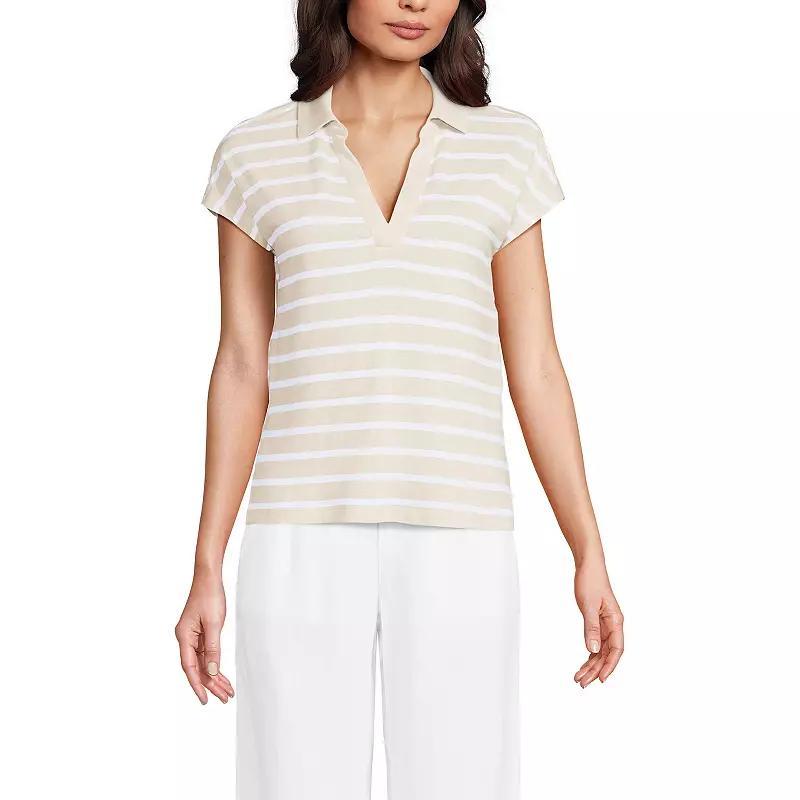 Womens Lands End Linen Blend Johnny Collar Polo Shirt Brown Breton Stripe Product Image