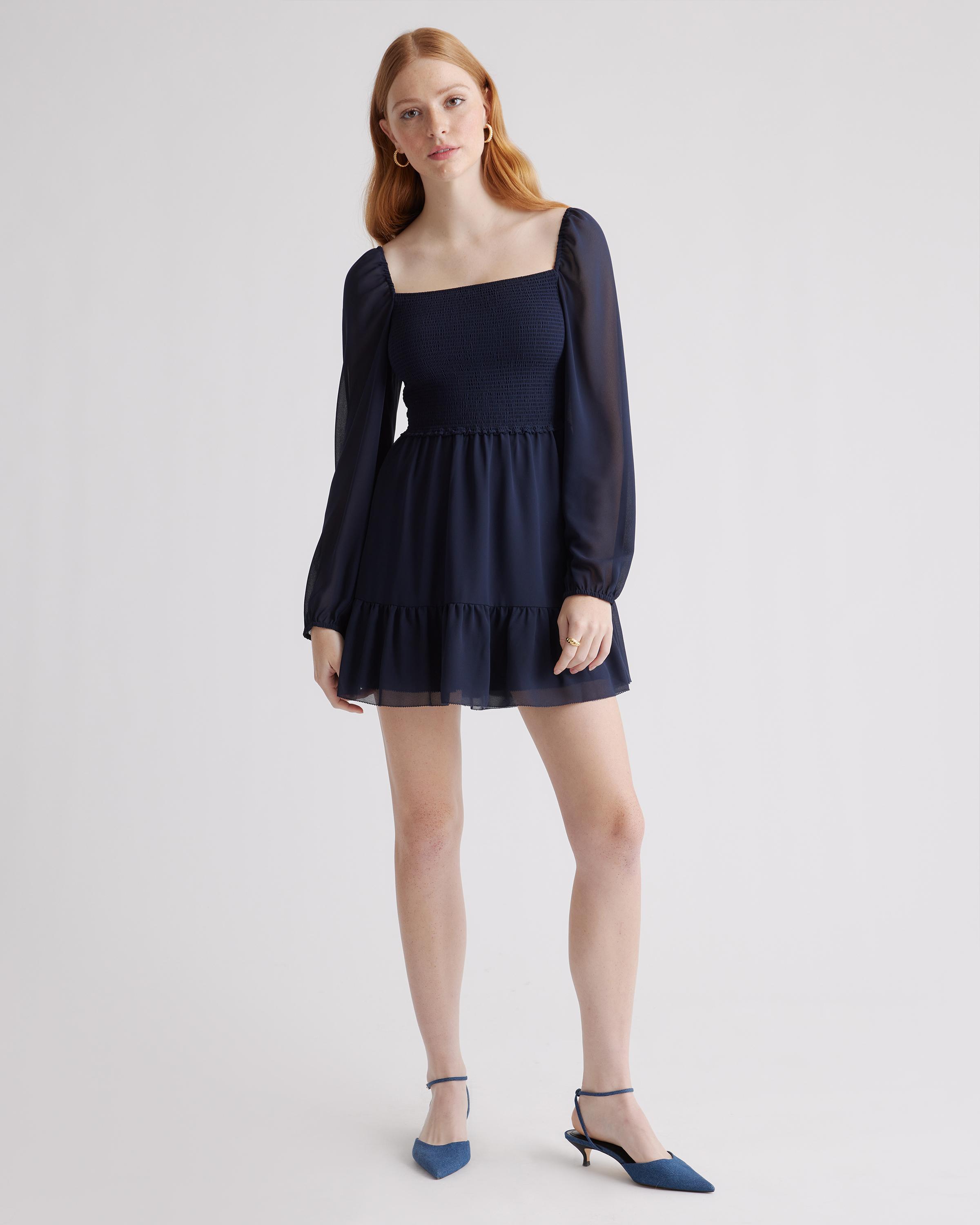 Womens Chiffon Smocked Mini Dress in Navy, Size Large, Recycled Polyester by Quince Product Image