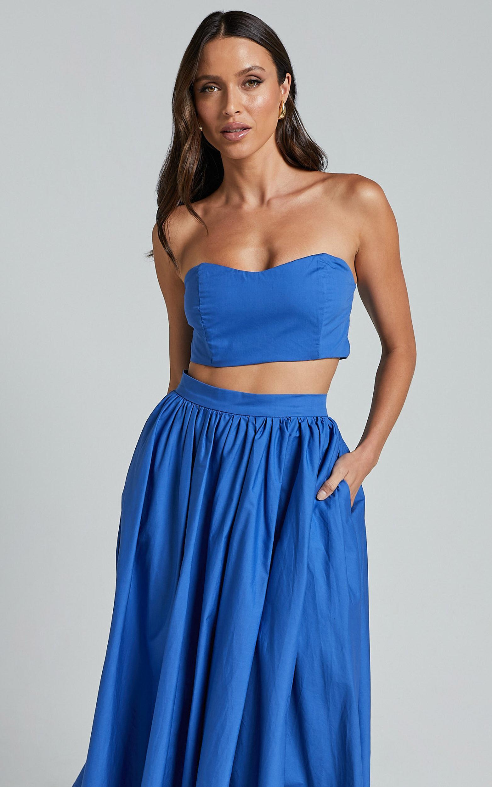 Olympia Two Piece Set - Strapless Corset Top and Full Midi Skirt Set in Cobalt Blue Product Image