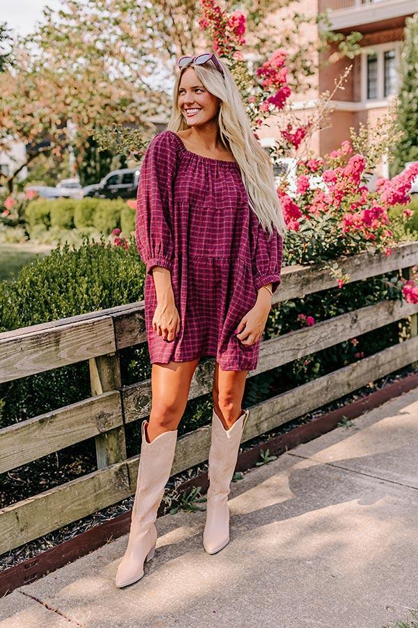 Pumpkin Spice Cutie Plaid Mini Dress in Wine Product Image