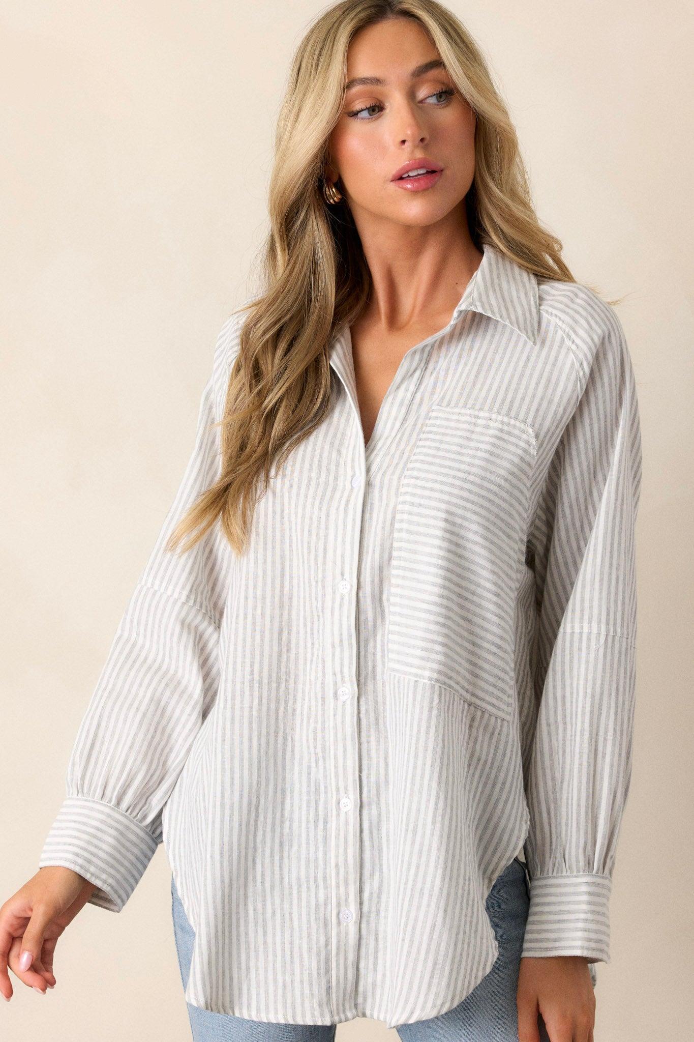 Timeless Flow 100% Cotton Grey Button Front Top Product Image