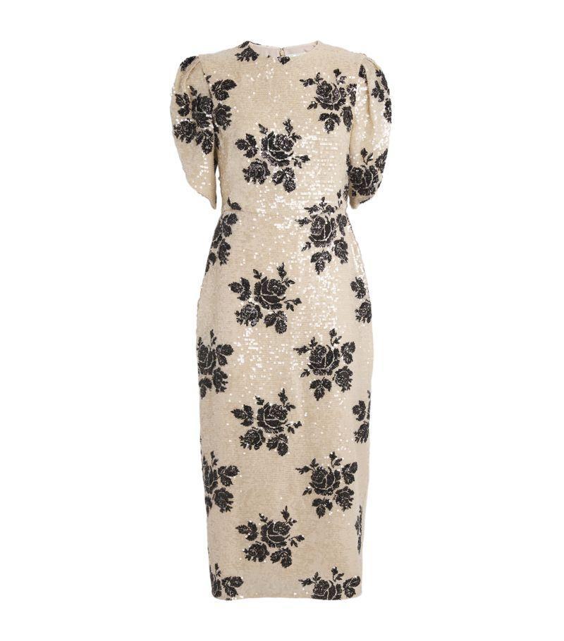 Sequinned Floral Cocktail Midi Dress In Winter White And Black Product Image