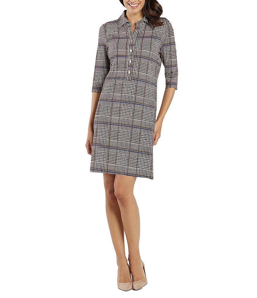 Jude Connally Susanna Glen Plaid Print Point Collar 3/4 Sleeve Polished Classic Shirt Dress Product Image