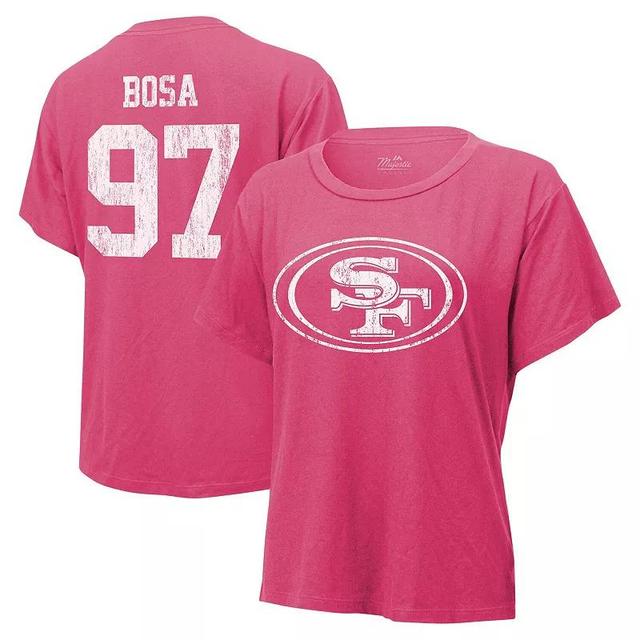 Womens Majestic Threads Nick Bosa Pink Distressed San Francisco 49ers Name and Number T-shirt Product Image