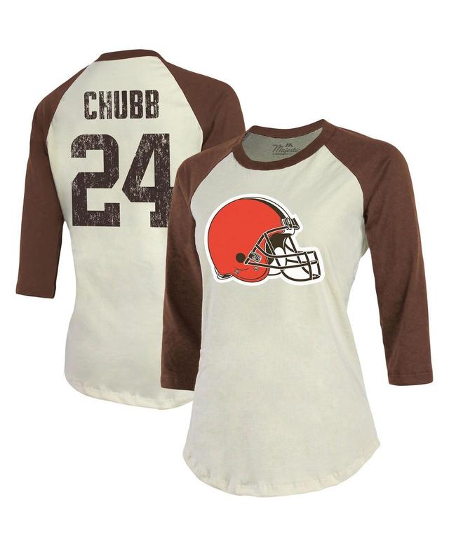 Womens Majestic Threads Nick Chubb Cream Cleveland Browns Player Name and Number Raglan 3/4-Sleeve T-shirt - Cream Product Image