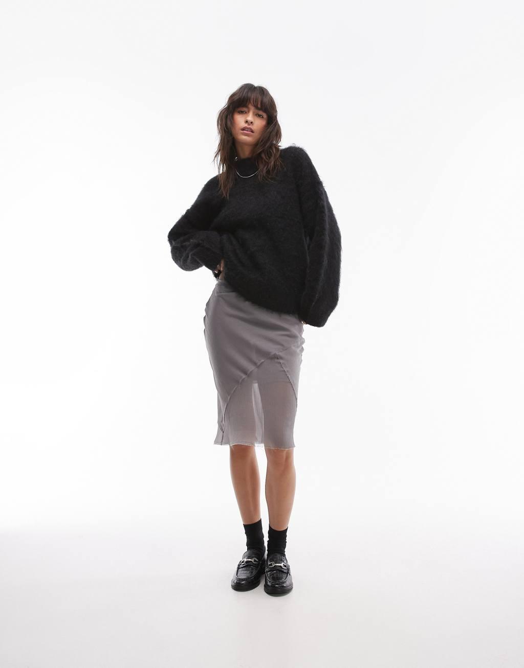 Topshop knitted fluffy relaxed sweater in black Product Image