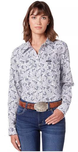 SALE Wrangler® Ladies' L/S White/Blue Paisley Snap Shirt Product Image