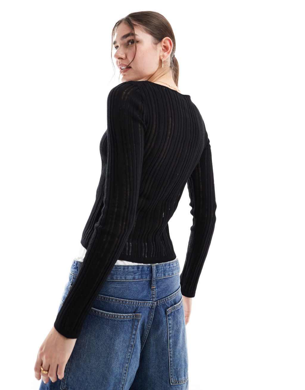 & Other Stories semi sheer fine knit top in black Product Image