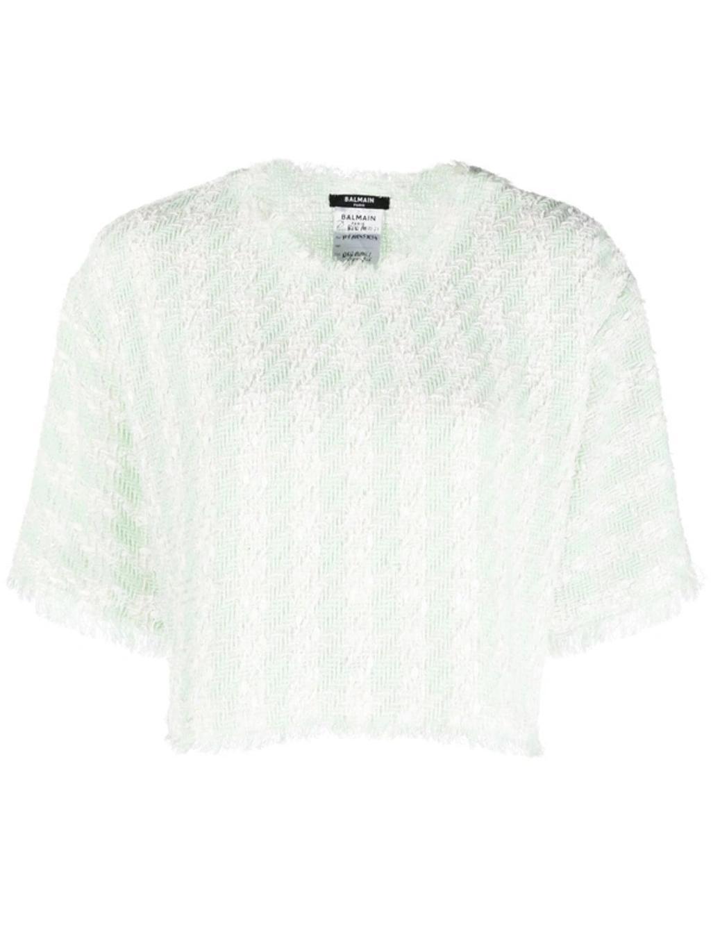 BALMAIN Tweed Check Cropped T-shirt In Green Product Image