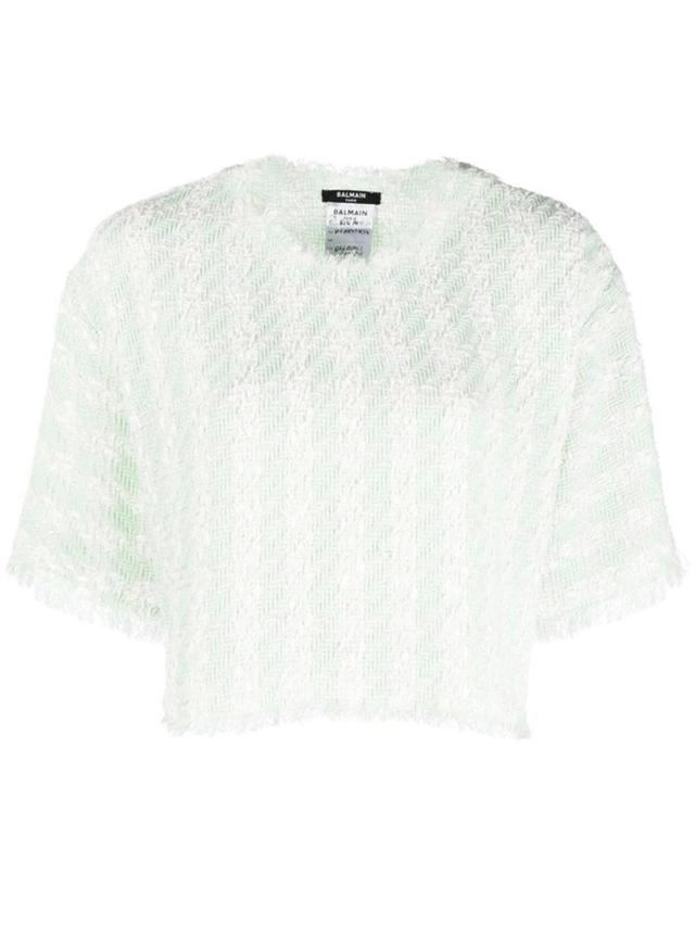 BALMAIN Tweed Check Cropped T-shirt In Green Product Image