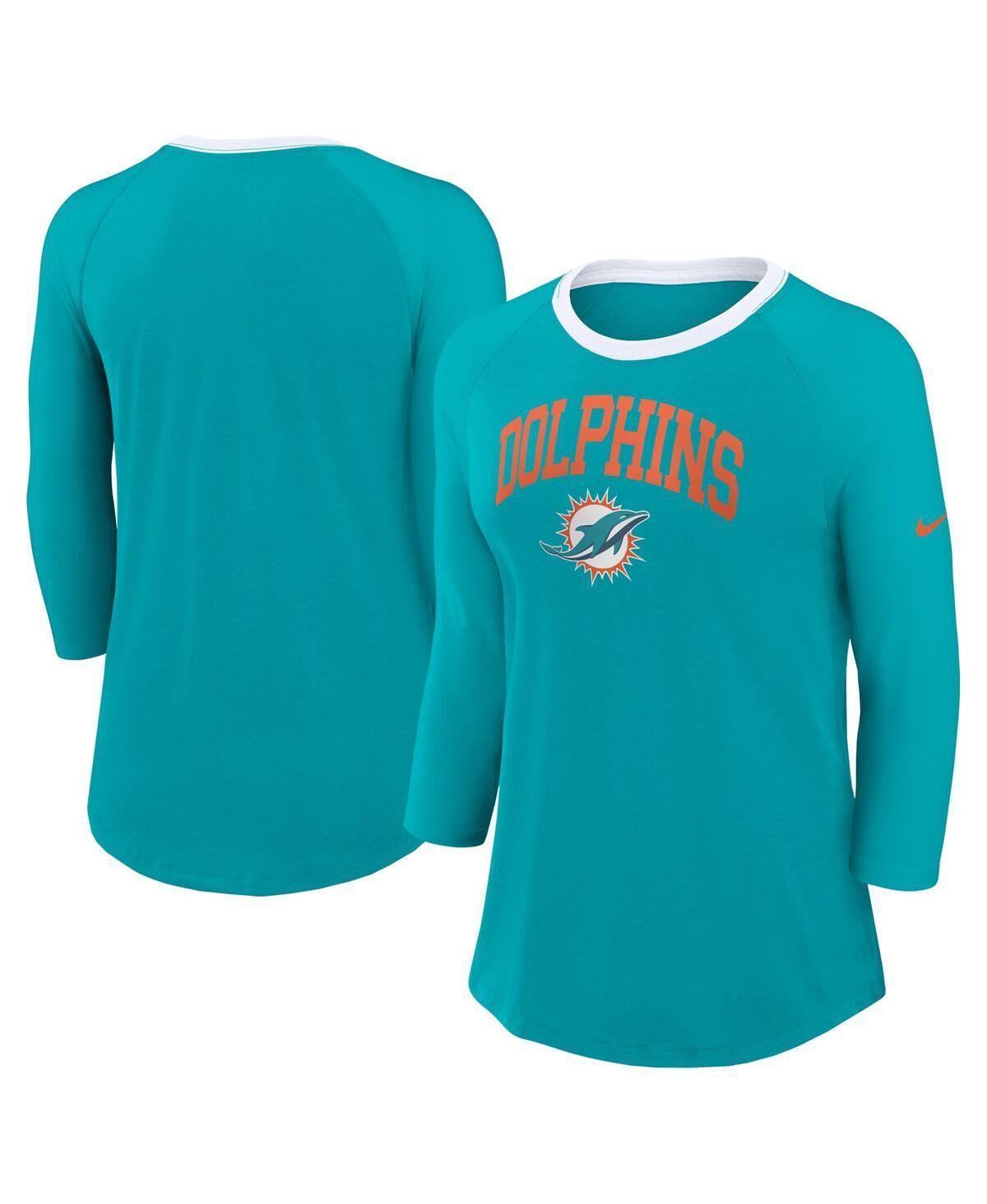 Womens Nike Aqua Miami Dolphins Raglan 3/4 Sleeve T-Shirt Turquoise A Product Image