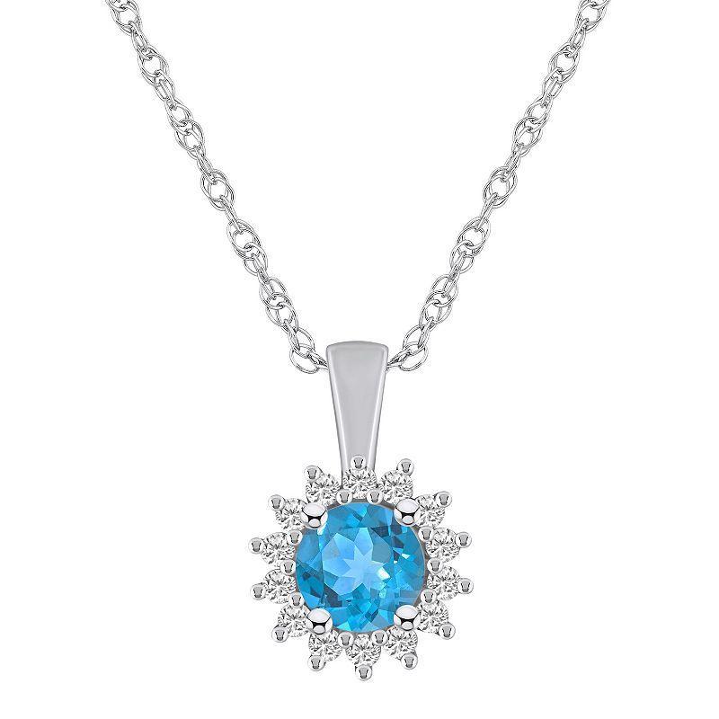 Alyson Layne 14k White Gold Round Blue Topaz & 1/4 Carat T.W. Diamond Halo Pendant Necklace, Womens Product Image