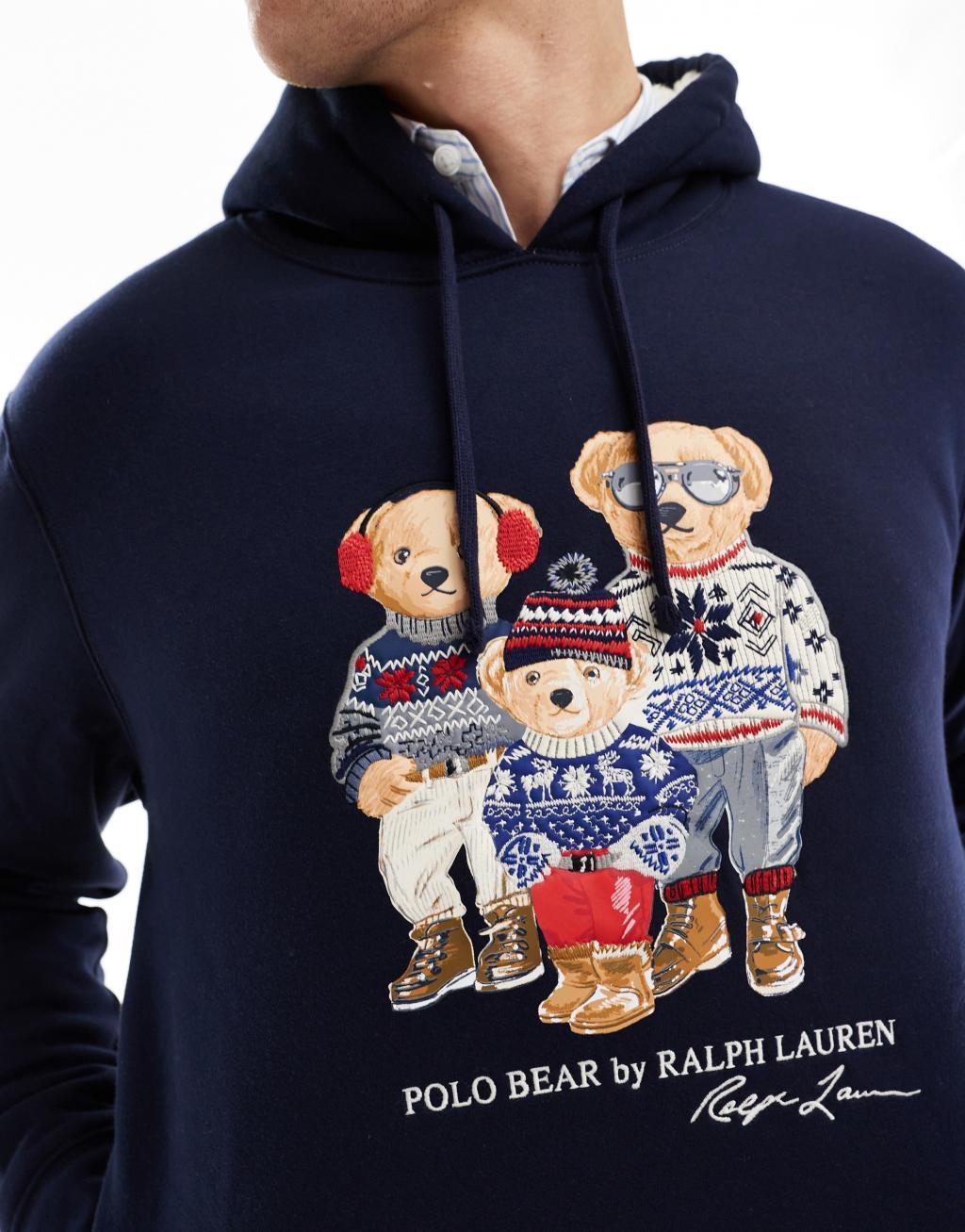 Polo Ralph Lauren holiday bear family polar fleece hoodie classic oversized fit in navy Product Image