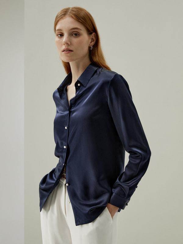 Classic Pearl Button Silk Shirt Product Image