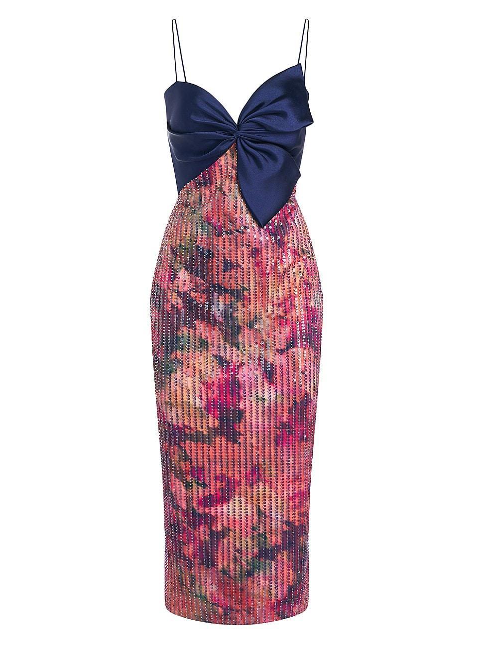 Theia Rosa Sequin Floral Print Asymmetric Bow Cocktail Dress Product Image