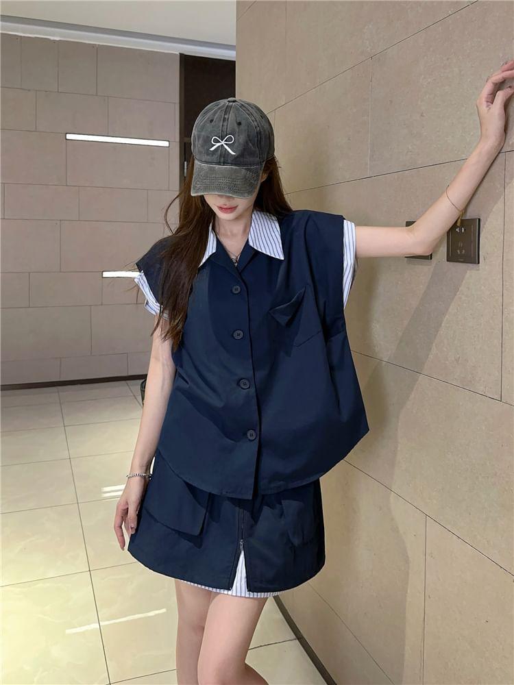 Cap-Sleeve Collared Mock Two-Piece Striped Panel Button-Up Blouse / High Waist Zipped Mini A-Line Cargo Skirt Product Image