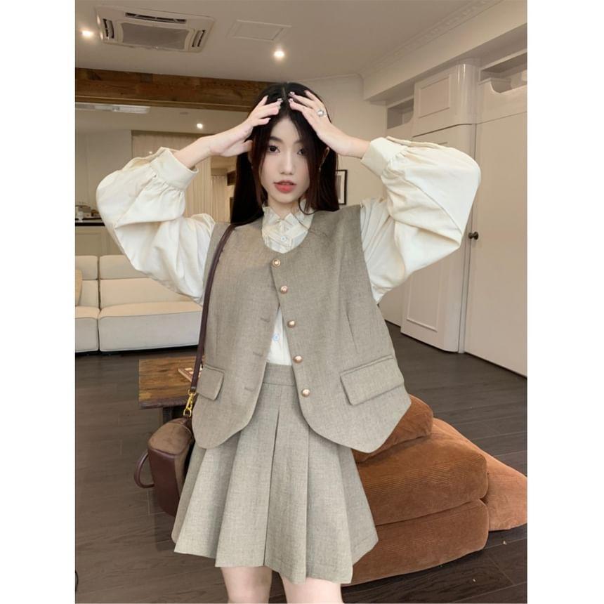 Long Sleeve Stand Collar Plain Frill Blouse / V-Neck Plain Button Vest / High Waist Pleated Mini A-Line Skirt Product Image