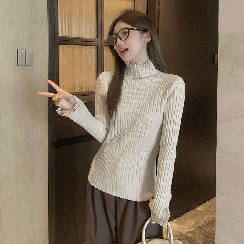 Turtleneck Plain Lace Trim Ribbed Sweater Product Image