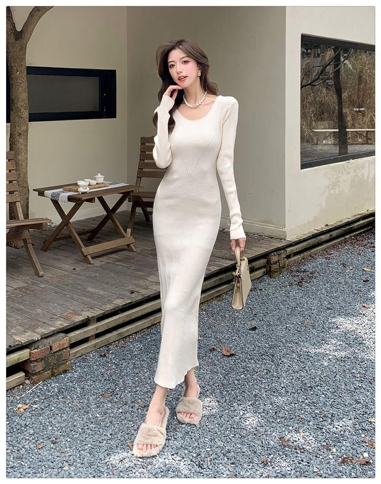 Long Sleeve Round Neck Plain Knit Maxi Sheath Dress Product Image