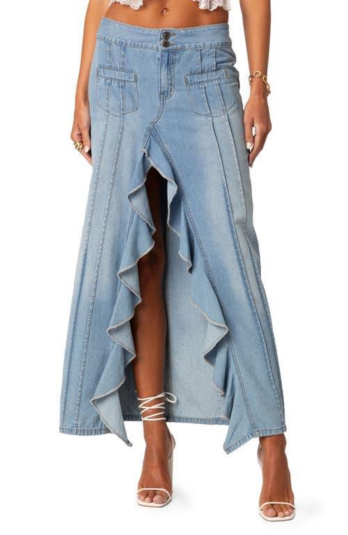 EDIKTED Valencia Ruffle Slit Front Denim Maxi Skirt Product Image