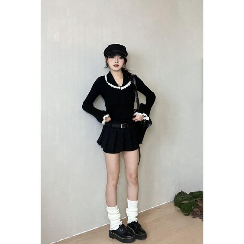 High Waist Plain Pleated Mini A-Line Skort Product Image