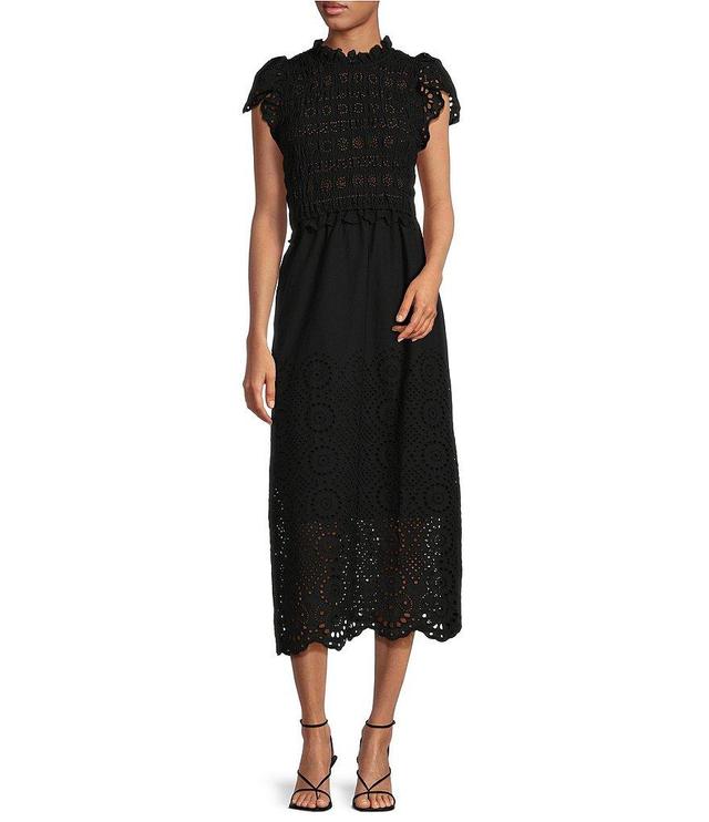 tyler boe Jessica Eyelet Ruffled Round Neck Cap Puff Sleeve Smocked Midi A-Line Dress Product Image