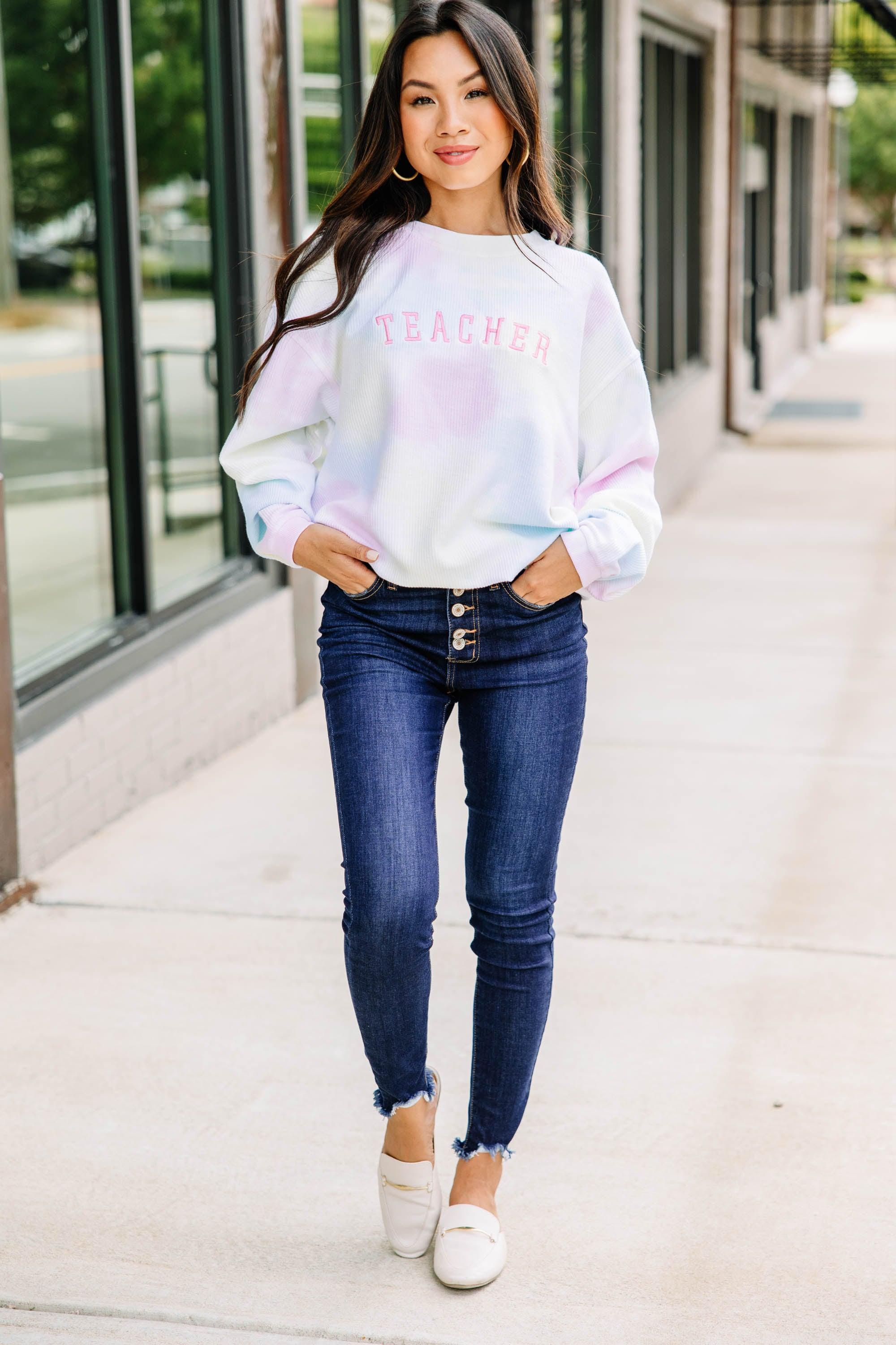 Teacher Pink Tie Dye Corded Embroidered Sweatshirt Female Product Image