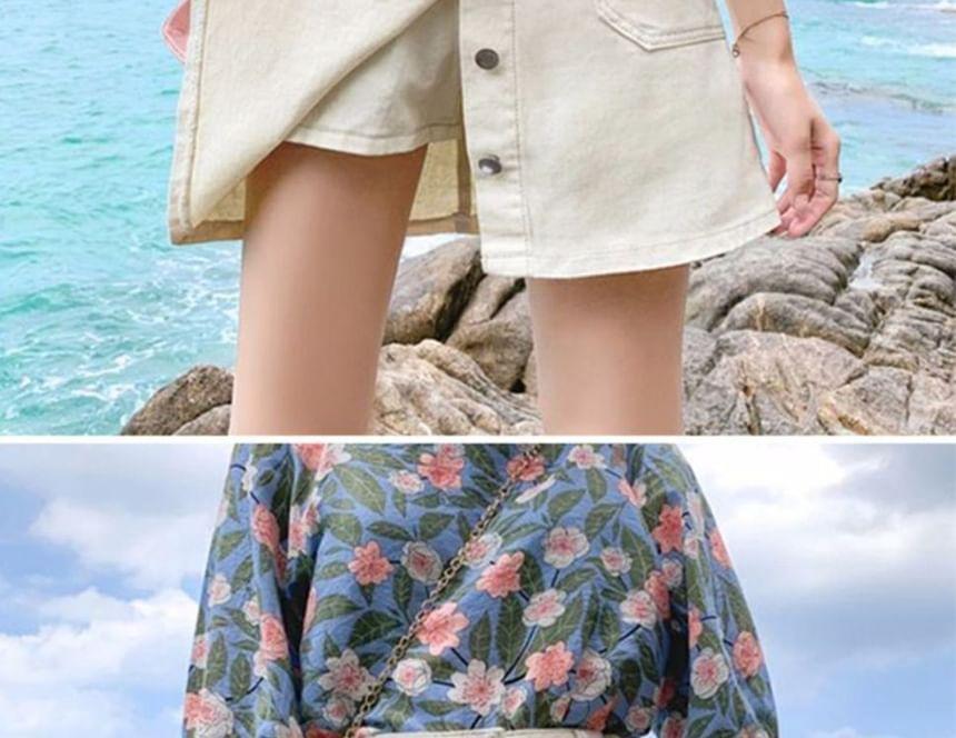 High Waist Denim Button-Up Skort Product Image