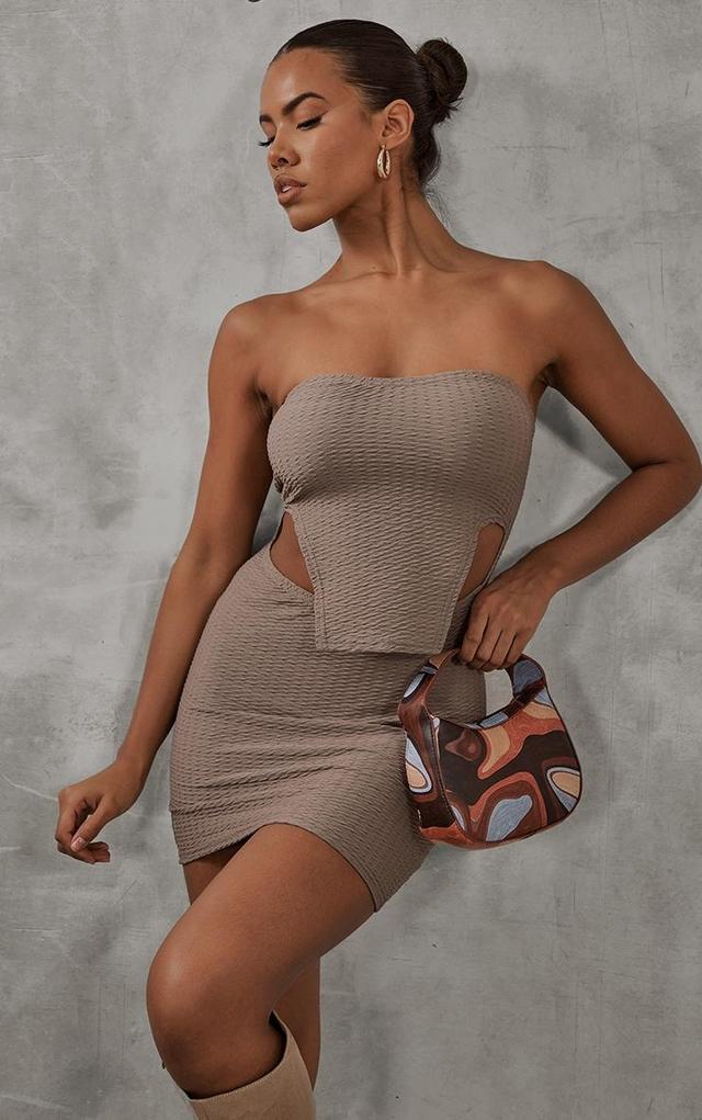 Mocha Textured Bandeau Stirrup Hem Bodycon Dress Product Image