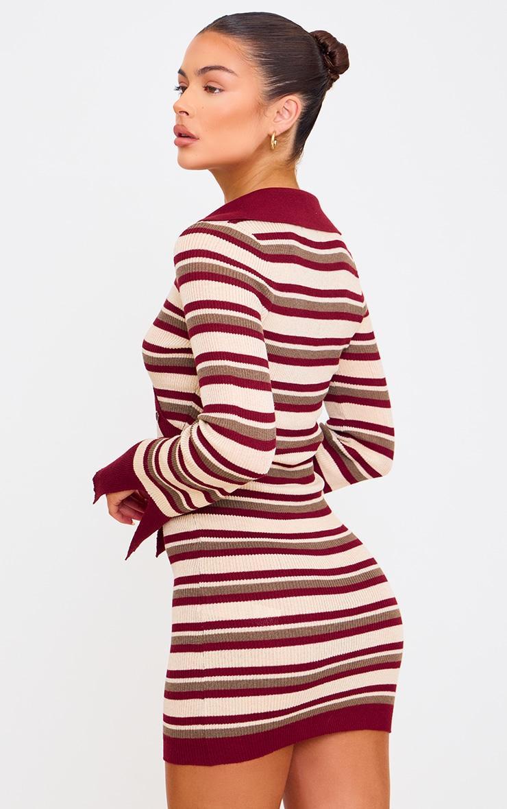 Burgundy Rib Knit Stripe Asymmetric Button Mini Dress Product Image