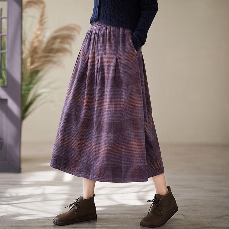 Elastic Waist Plaid Midi A-Line Skirt Product Image