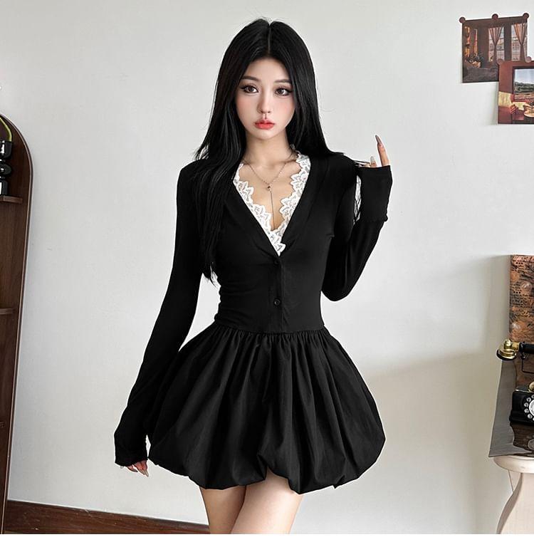 Long-Sleeve V-Neck Plain Lace Trim Mini A-Line Dress Product Image