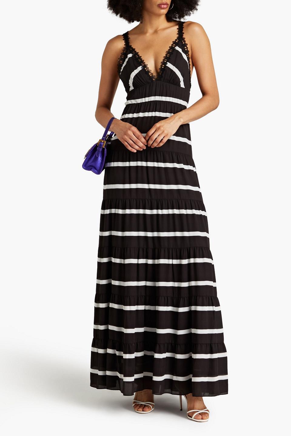 Tiered Striped Crepe De Chine Maxi Dress In Black Product Image