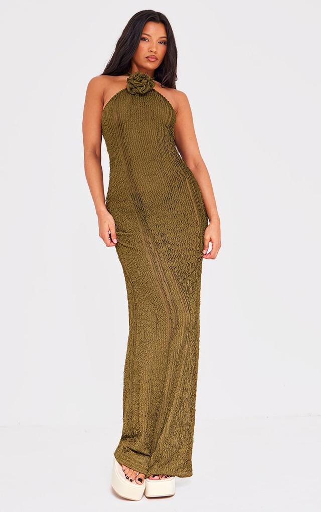 Khaki Corsage Detail Halterneck Maxi Dress Product Image