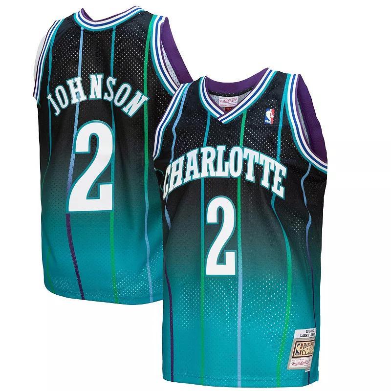 Mens Mitchell & Ness Larry Johnson Teal, Black Charlotte Hornets 1992/93 Hardwood Classics Fadeaway Swingman Player Jersey - Teal, Black Product Image