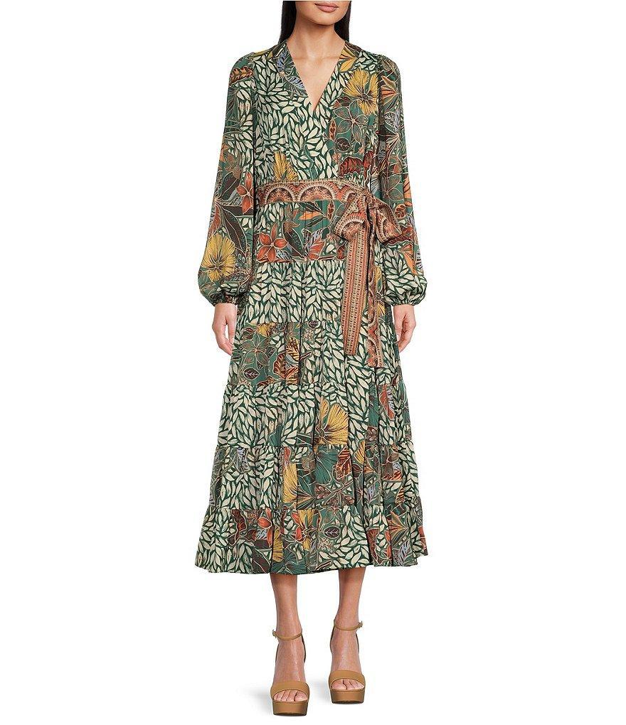 Gibson & Latimer Floral Leaf Print Tiered Long Sleeve Tie Waist Wrap Midi Dress Product Image