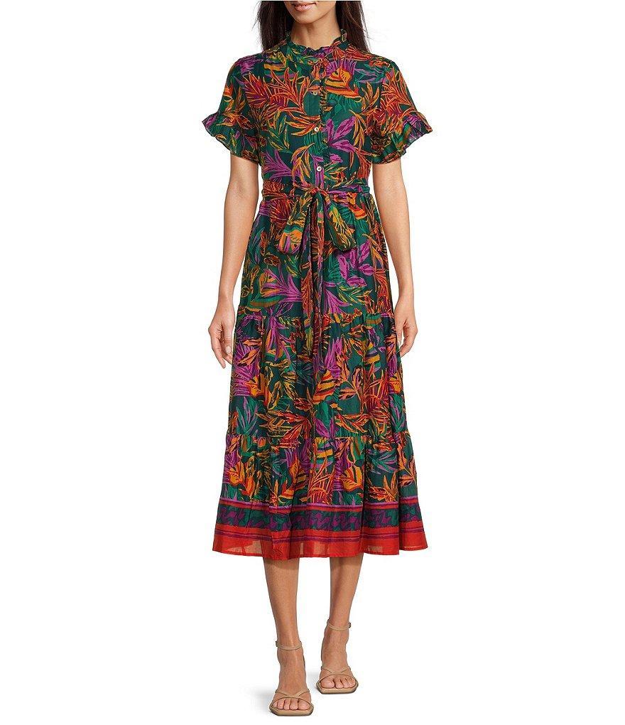 J.Marie Asher Floral Printed High Ruffle Neck Button Front Short Sleeve Tie Waist Pocket Tiered A-Line Midi Dress product image