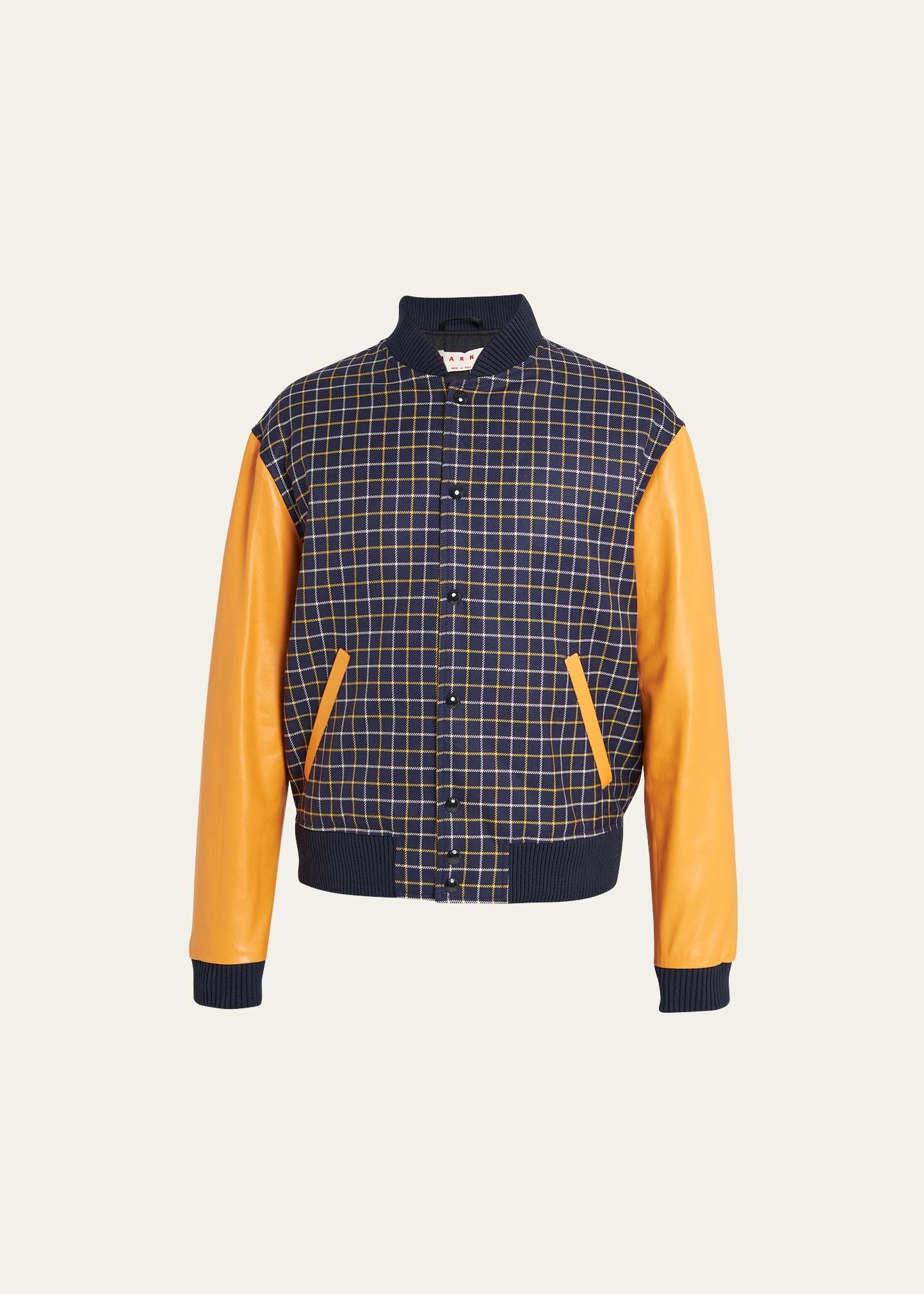 Mens Check Varsity Jacket with Leather Sleeves Product Image