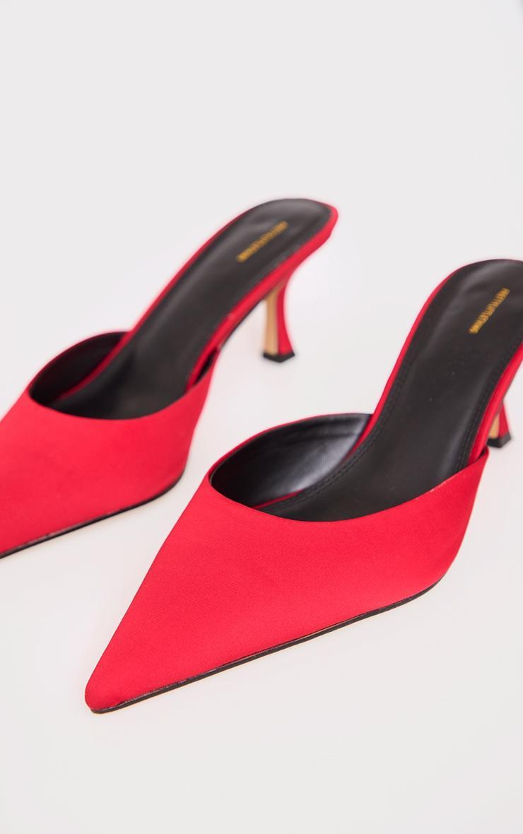 Red Satin Point Toe Mid Stiletto Heeled Mules Product Image