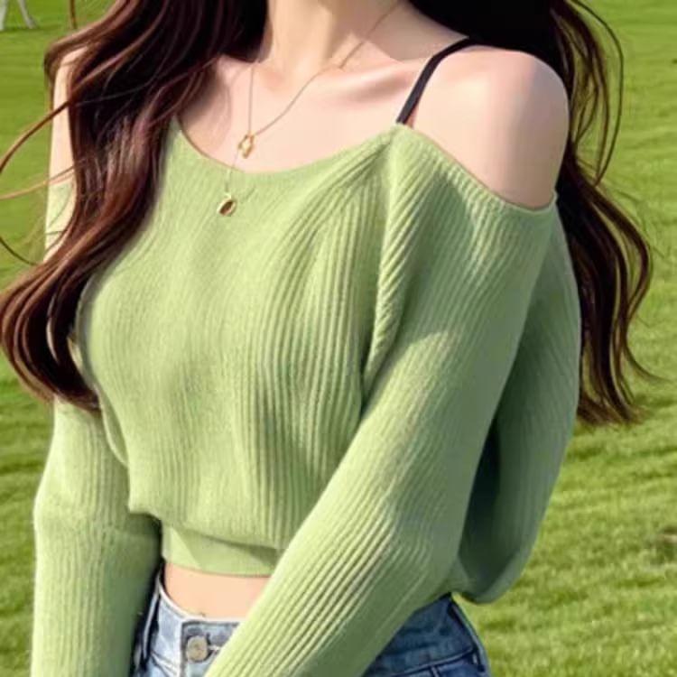 Long Sleeve Cold Shoulder Plain Ribbed Knit Crop Top Product Image