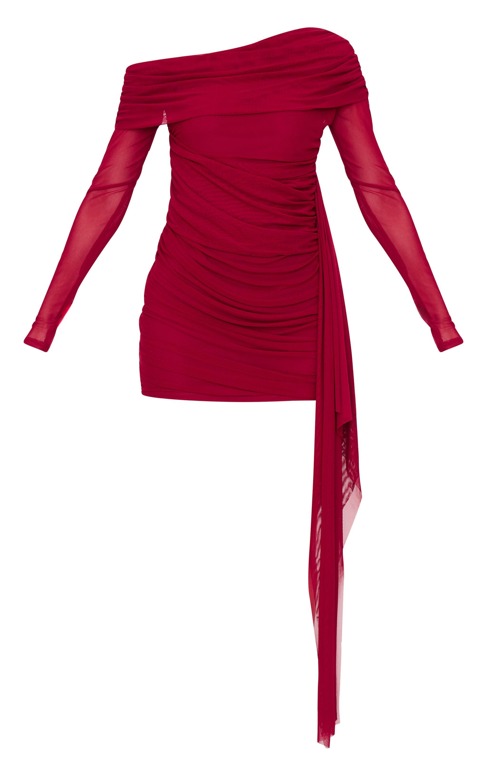 Burgundy Mesh Long Sleeve Foldover Drape Mini Dress Product Image