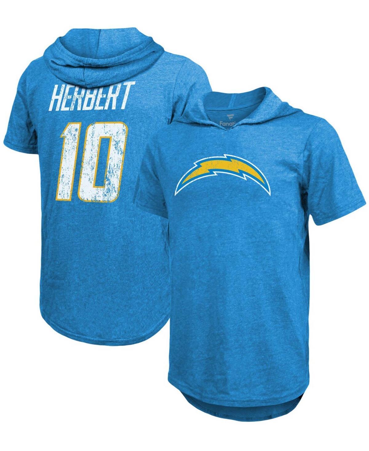 Mens Fanatics Justin Herbert Powder Blue Los Angeles Chargers Player Name and Number Tri-Blend Hoodie T-shirt Product Image