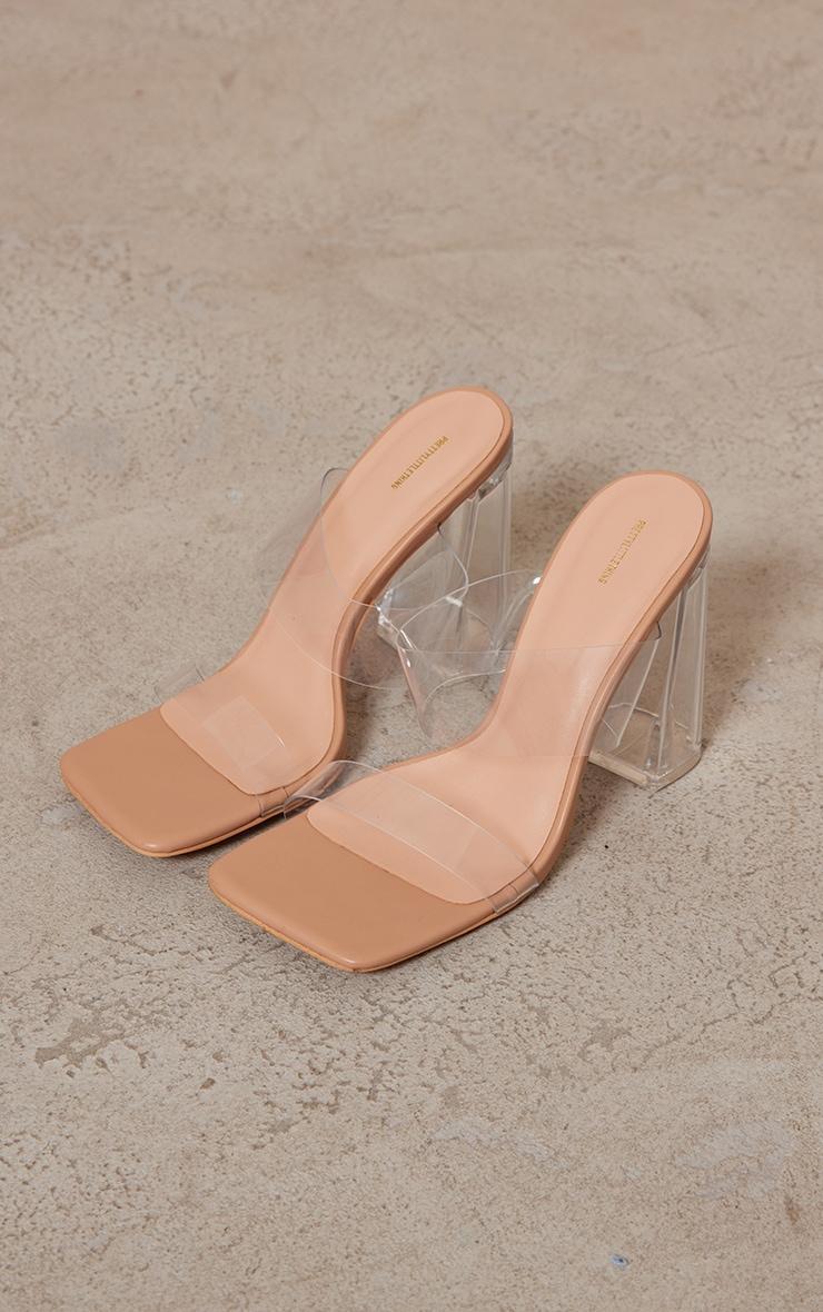  Nude Clear Square Toe Thick Double Strap Chunky Block High Heeled Sandals product image