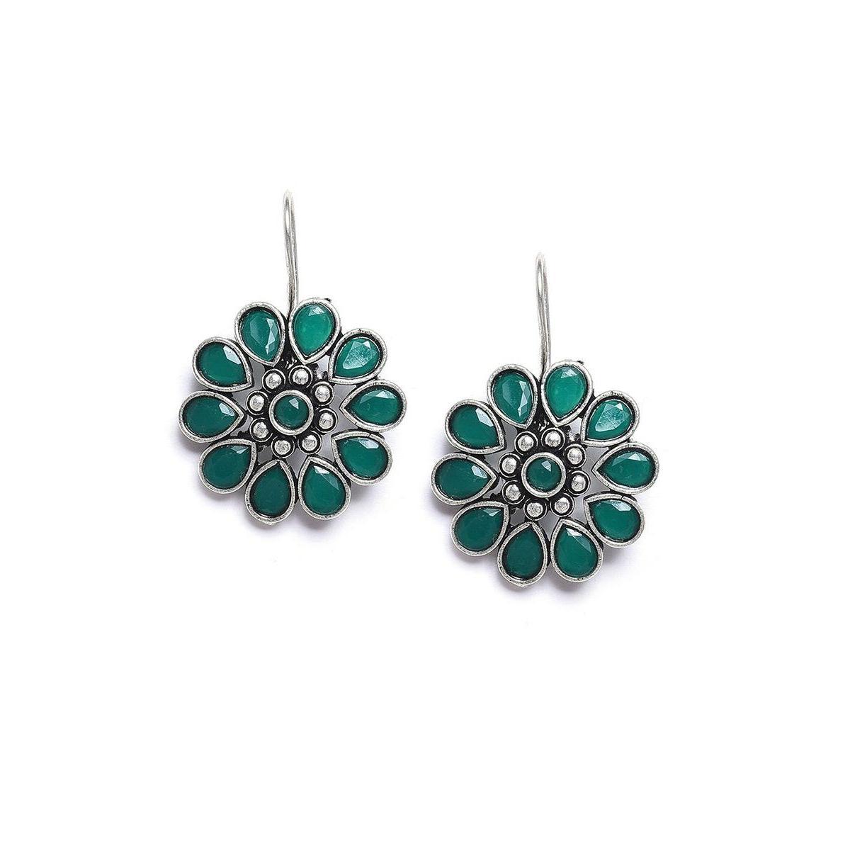 Sohi Womens Green Oxidized Flora Drop Earrings Product Image