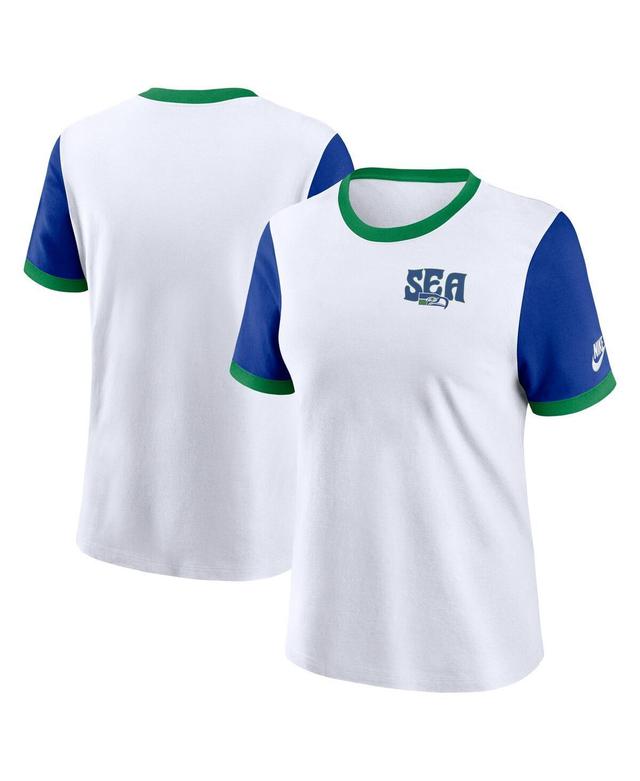 Nike Womens White Seattle Seahawks Rewind Ringer T-Shirt - White, Royal Product Image