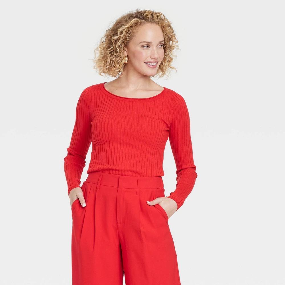 Womens Fine Gauge Ribbed Boat Neck Pullover Sweater - A New Day Red XS Product Image