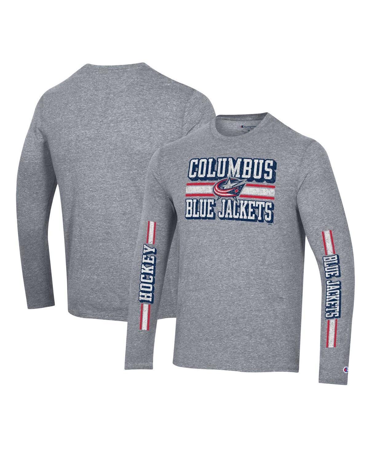 Mens Champion Heather Gray Distressed Columbus Blue Jackets Tri-Blend Dual-Stripe Long Sleeve T-shirt Product Image