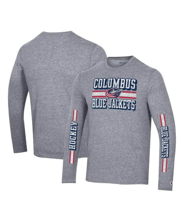 Mens Champion Heather Gray Columbus Blue Jackets Tri-Blend Dual-Stripe Long Sleeve T-Shirt Product Image